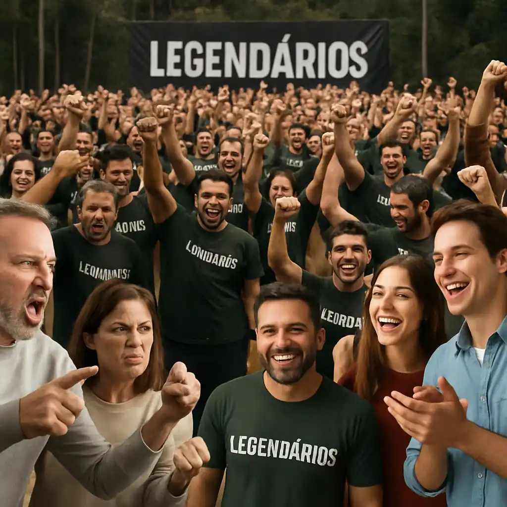 Grupo entusiasmado vestindo camisetas laranja com a palavra "Legendários", levantando os punhos em gesto de vitória e motivação em ambiente ao ar livre.