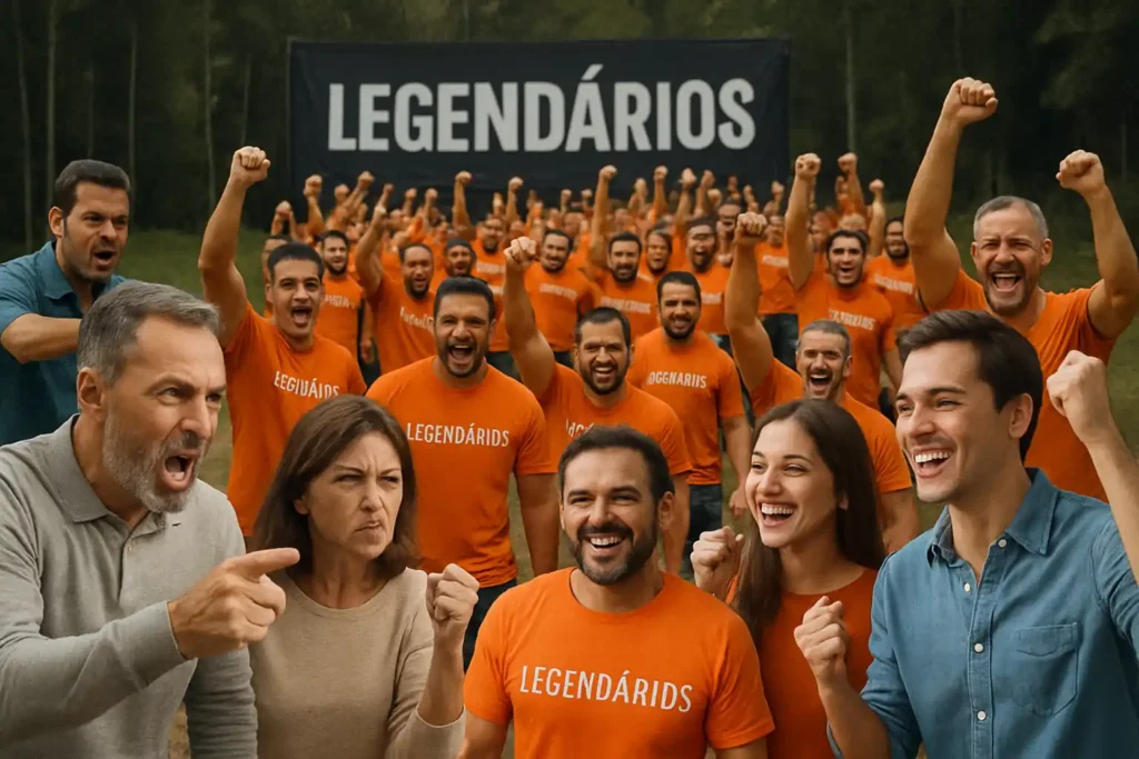 Multidão de homens e mulheres com camisetas verdes estampadas com a palavra "Legendários", celebrando juntos com expressões de força e união.