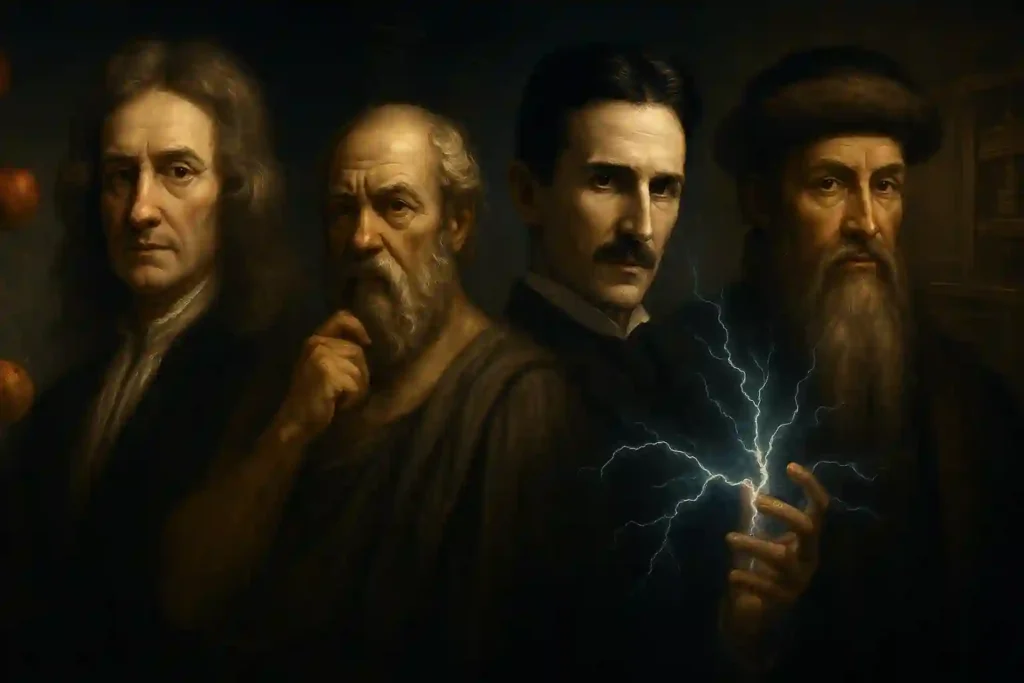 Homens com expressão séria em pintura digital histórica, representando força, disciplina e foco masculino