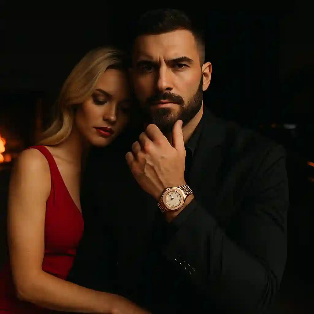 Homem forte e elegante ao lado de uma mulher loira de vestido vermelho mostrando como ser um homem de sucesso em cenário escuro com lareira e carro de luxo ao fundo